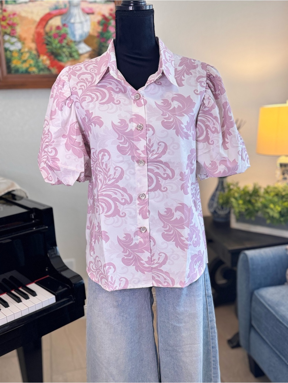Pink Floral Puff Sleeve Button-Up Top